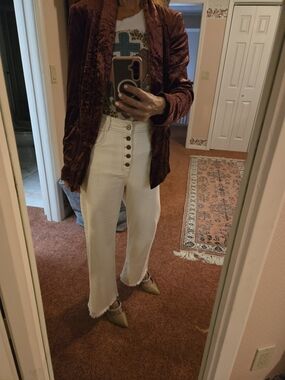 High-Rise Cream Wide-Leg Button-Fly Jeans